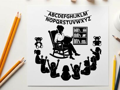 Silhouette of teacher reading to children in classroom with alphabet