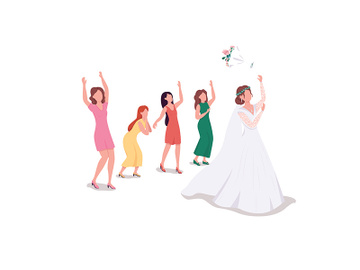 Bride throwing bouquet flat color vector faceless character preview picture