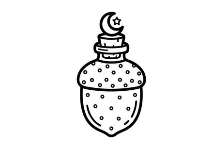 Hand-drawn Halloween potion bottle with cork stopper. Vintage magic elixir jar illustration for spooky decorations.