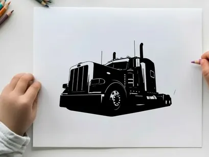 Silhouette of a semi truck with a large grill and exhaust pipes