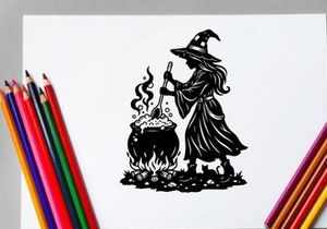 Hexe, die einen Zauber mit einem Kessel in Schwarz-Weiß-Illustration wirft