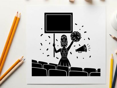 Cheerleader silhouette holding sign and pom pom in stadium