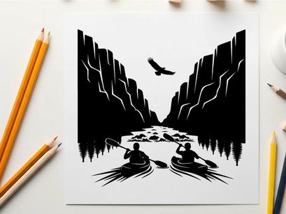 Kayakers in a canyon with a bird flying overhead silhouette
