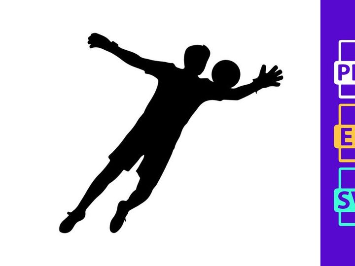A silhouette of a person playing handball in mid air with outstretched arms and legs