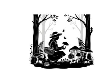 Silhouette of a person picking mushrooms in a forest preview picture