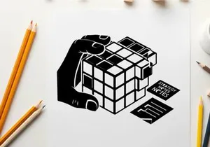 Silhouette of hand holding a rubik's cube with notes