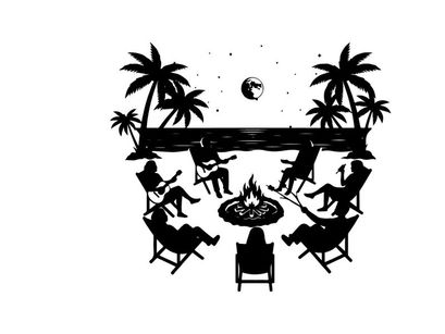 Silhouette of people sitting around a beach campfire at night