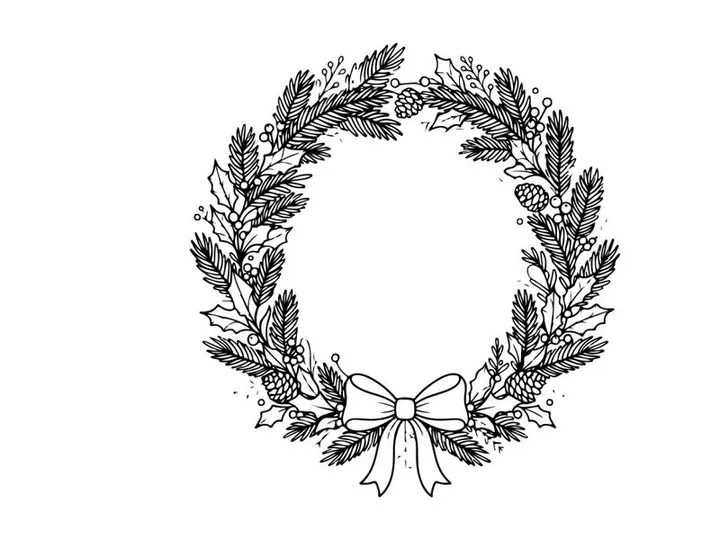 Hand drawn Christmas wreath with pine branches and bow isolated on white background