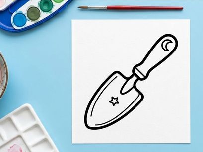 Hand-drawn Halloween shovel with star for trick-or-treat digging. Spooky cartoon trowel illustration for festive candy collection and party decor.