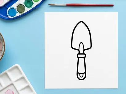 Ícone de pá de jardinagem. Ilustração simples em contorno preto de uma pá de mão para jardinagem.