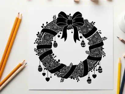 Black and white silhouette christmas wreath with bow and ornaments