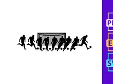 Silhouette of soccer players in various positions on the field with a goal
