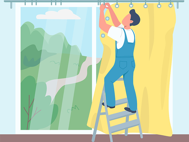 Man hanging curtains flat color vector illustration