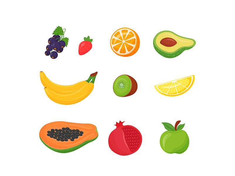 Fresh fruits cartoon vector illustrations set