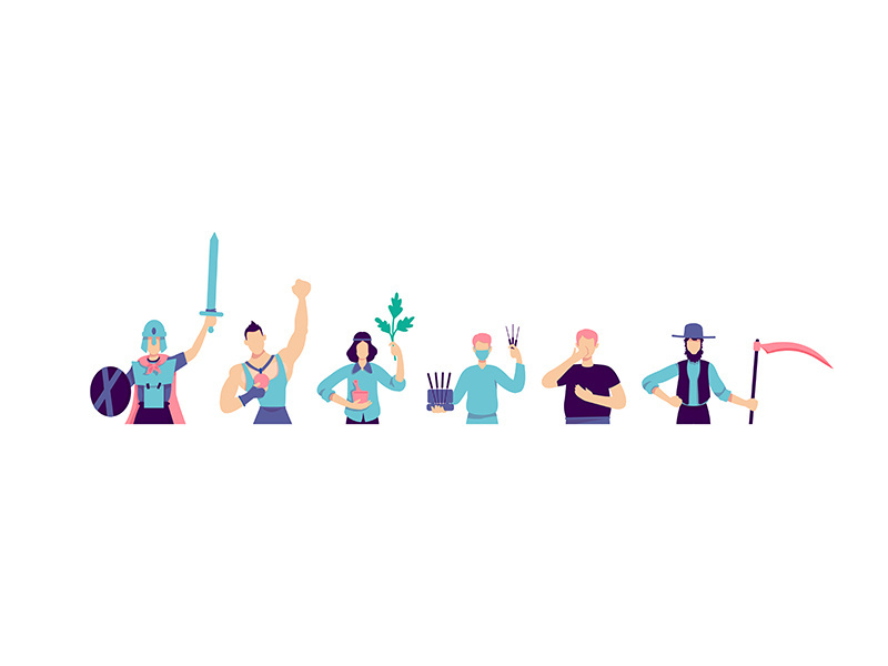 Different subcultures flat color vector faceless characters set