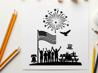 Patriotic silhouette of people celebrating with fireworks and american flag