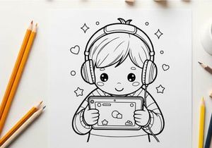 Cute girl listening music on tablet vector illustration
