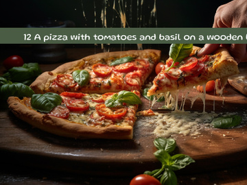 A pizza with tomatoes and basil on a wooden board preview picture