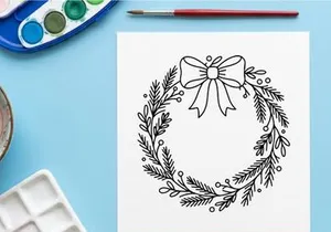 Hand drawn Christmas wreath with bow, festive holiday line art illustration on white