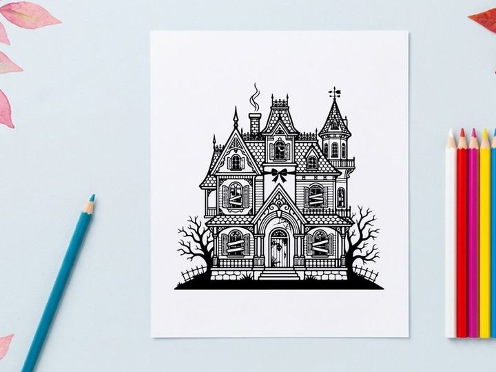 Haunted Victorian mansion illustration for Halloween design. Spooky gothic house with towers and eerie atmosphere in black and white line art.