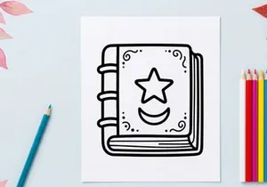Hand-drawn Halloween open book with smiling star. Vintage spooky sketch of magical grimoire featuring cheerful glowing symbol.