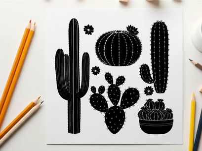 Black silhouette cacti and flowers on white background