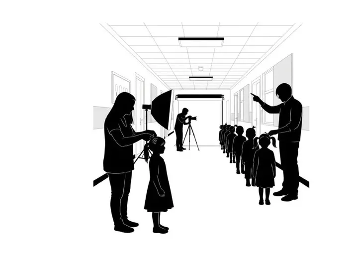 Silhouette of a line of children with adults in a hallway setting