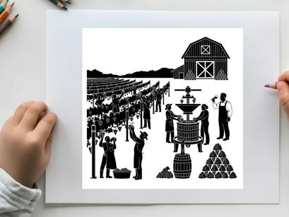 Vintage farm scene with silhouette of people working in orchard and barn