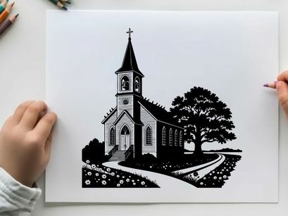 Black and white silhouette of a quaint church building