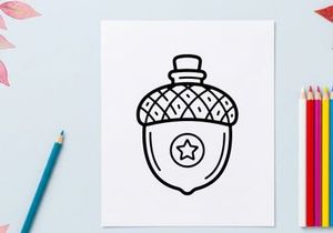 Eichel-Symbol mit Stern. Handgezeichnete Nuss-Illustration für Herbst-Designprojekte.