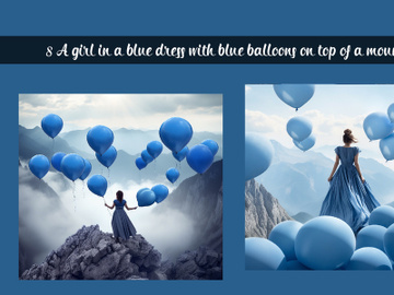 A girl in a blue dress with blue balloons on top of a mountain preview picture