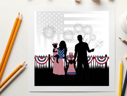 Family in silhouette celebrating 4th of july with fireworks and american flag