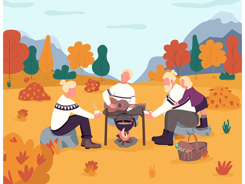 Picnic in autumn countryside semi flat vector illustration