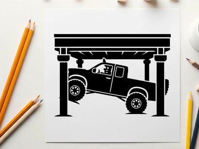 Silhouette of a pickup truck under a carport or garage silhouette