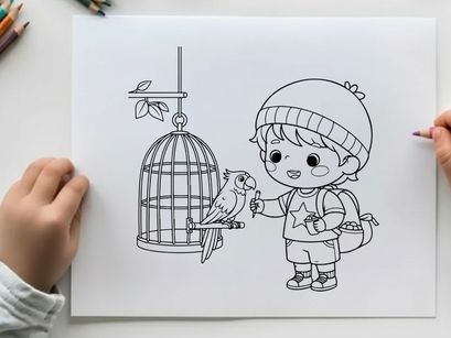 Child with parrot in cage vector illustration flat design