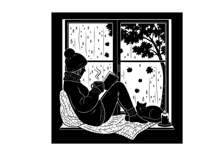 Cozy silhouette of a person reading near a rainy window with cat