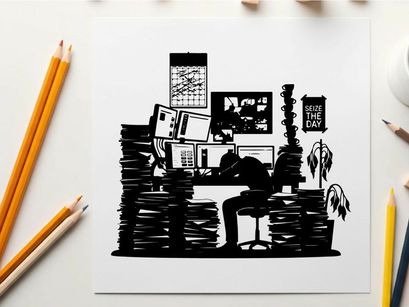 Silhouette of a person surrounded by stacks of paperwork silhouette