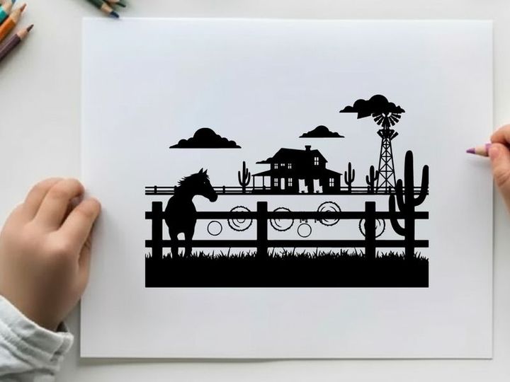 Western landscape silhouette with horse house and windmill