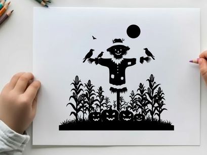 Scarecrow silhouette standing amidst corn and jack o lanterns at night