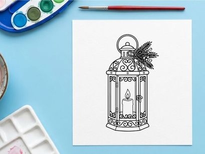 Ilustrasi seni garis lentera Natal dengan lilin menyala dan ranting pinus hias