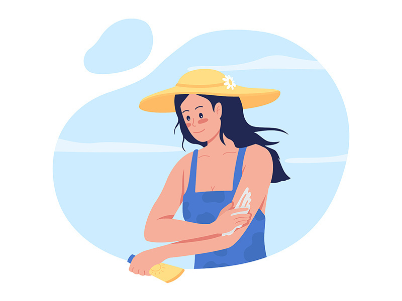 Girl applying sunscreen lotion on arms 2D vector isolated illustration