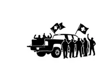 Silhouette of people with flags standing next to a truck