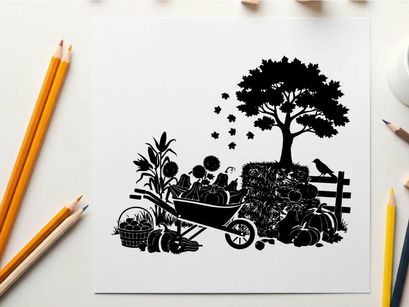 Silhouette of a tree and wheelbarrow in a garden