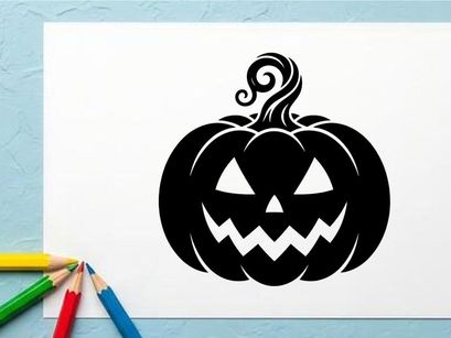 Smiling Halloween Jack-o'-Lantern with Carved Face and Curled Stem