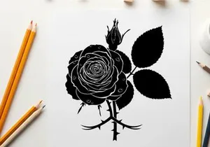 Silhouette of a detailed black rose with leaves and thorns