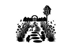 Whimsical garden scene with silhouette of children and birdhouse