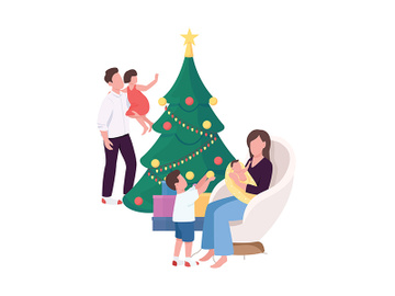 Family near Christmas tree at home flat color vector faceless characters preview picture