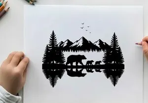 Silhouette of a bear family in a forest landscape