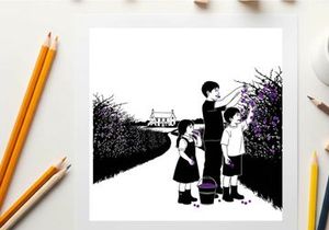 Children on a path with silhouette of boy picking flowers