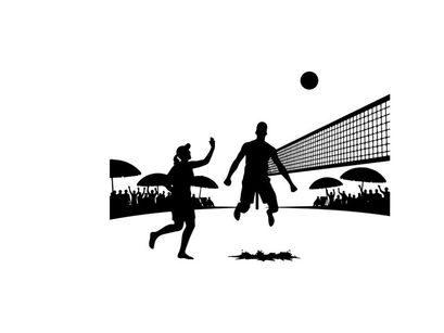 Silhouette of two men playing volleyball outdoors at night